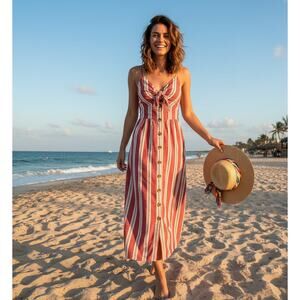 Japna Dress Womens M Boho Beach Coastal Brunch Casual Striped Knot Fisherman